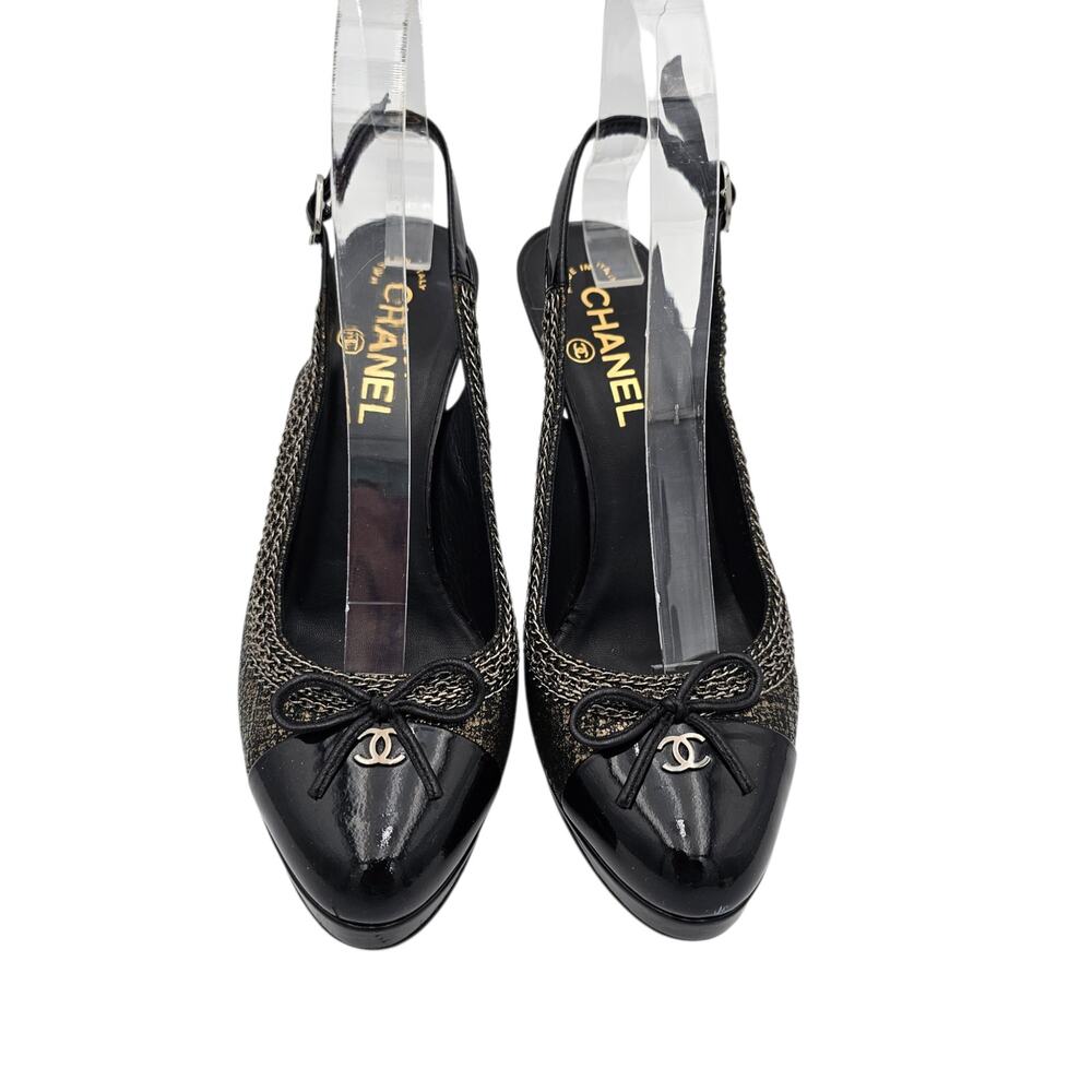 Chanel CC Slingback Chain Heel Pump Black Patent Vintage Gold Size 38.5 US 7.5 8 - Picture 3 of 15